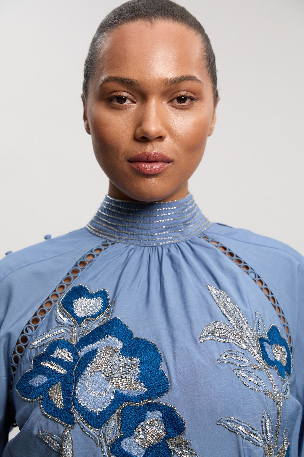 KarenMillen Plus Size Balloon Sleeve Embroidered And Beaded Woven Blouse