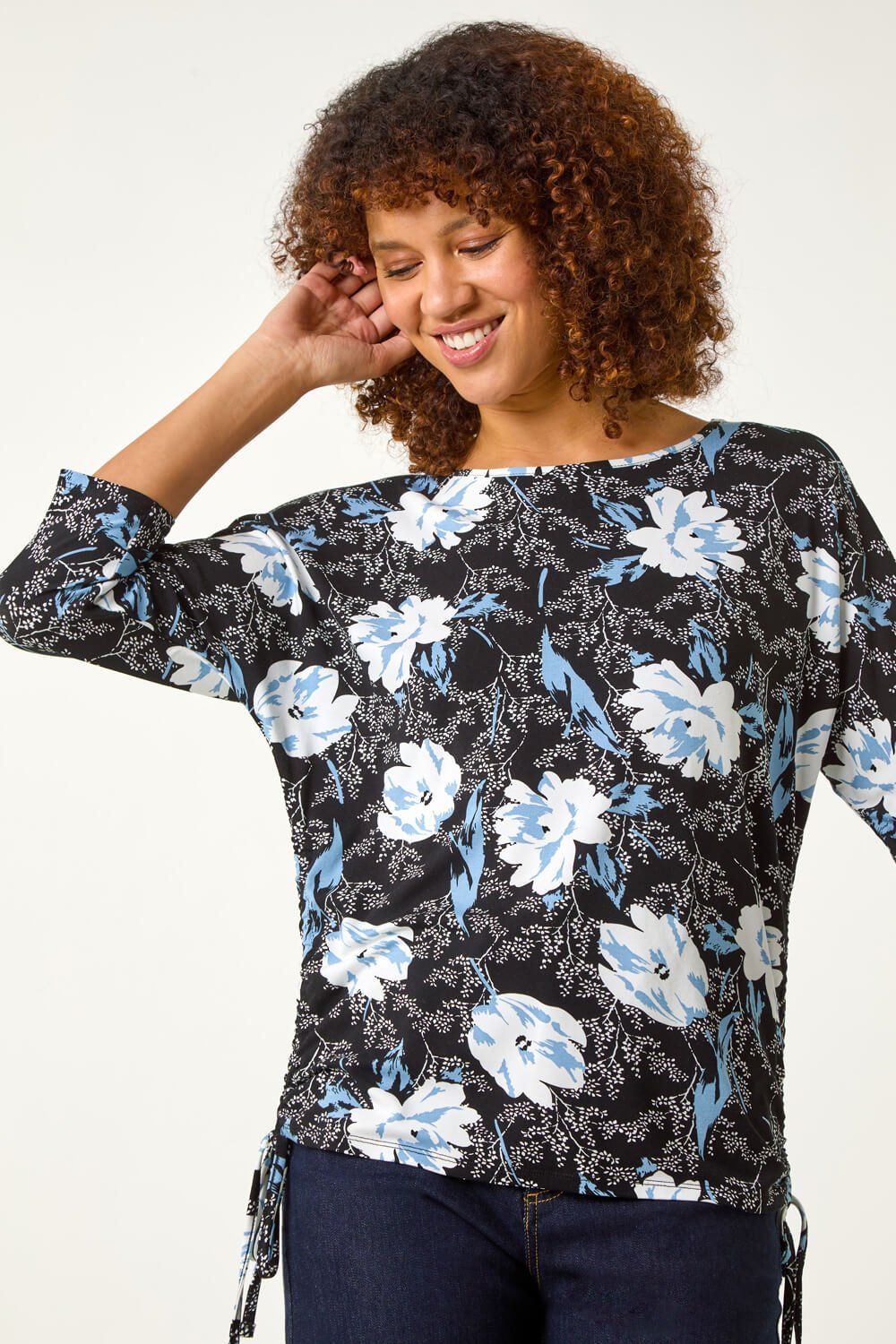 Roman Floral Print Side Tie Stretch Top