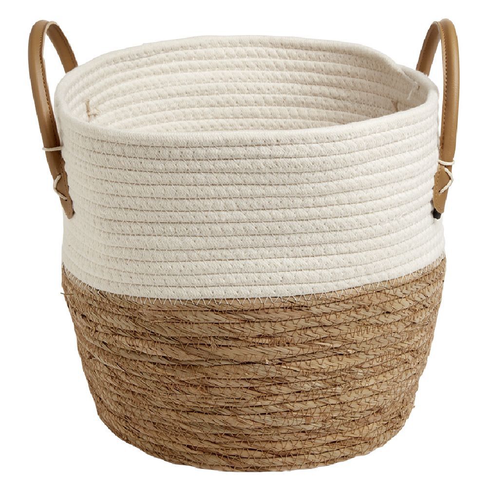 Panière tressée coton beige et jacynthe avec poignées Ø30xH28cm