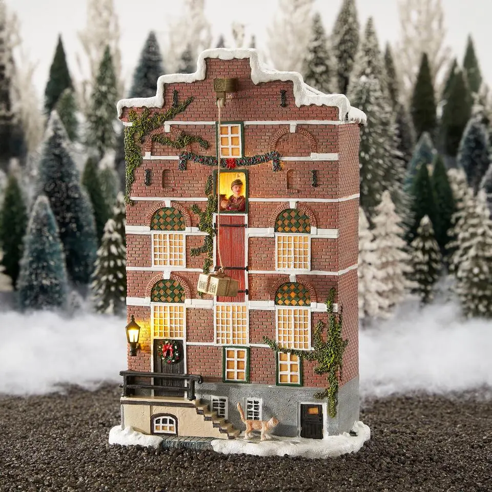 LuVille Kerstdorp Miniatuur Pakhuis Gevel - L19 x B11 x H29 cm