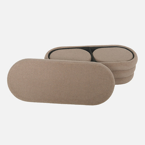 Banc coffre en bouclettes taupe avec 2 poufs ovales de rangement intégrés - L111cm