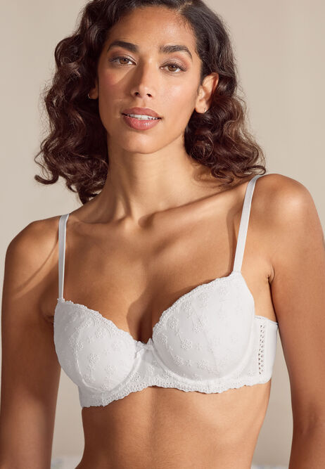 Womens White Cotton Broderie Balcony Bra