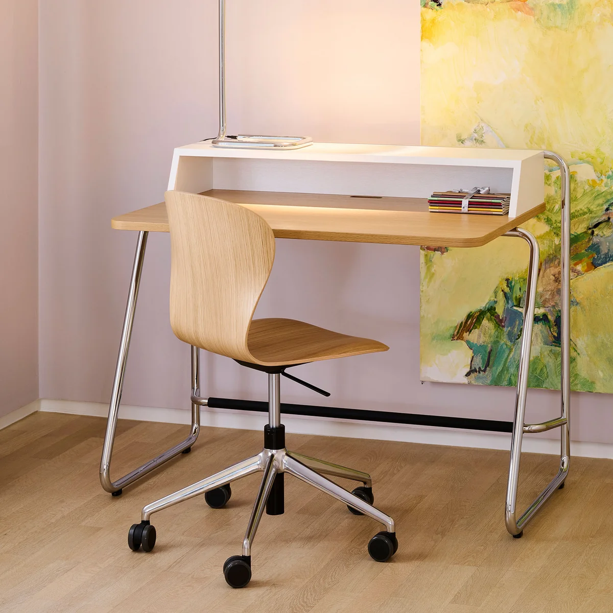 Thonet - S 220 DRW Drehstuhl mit Rollen, Eiche / Gestell Aluminium poliert