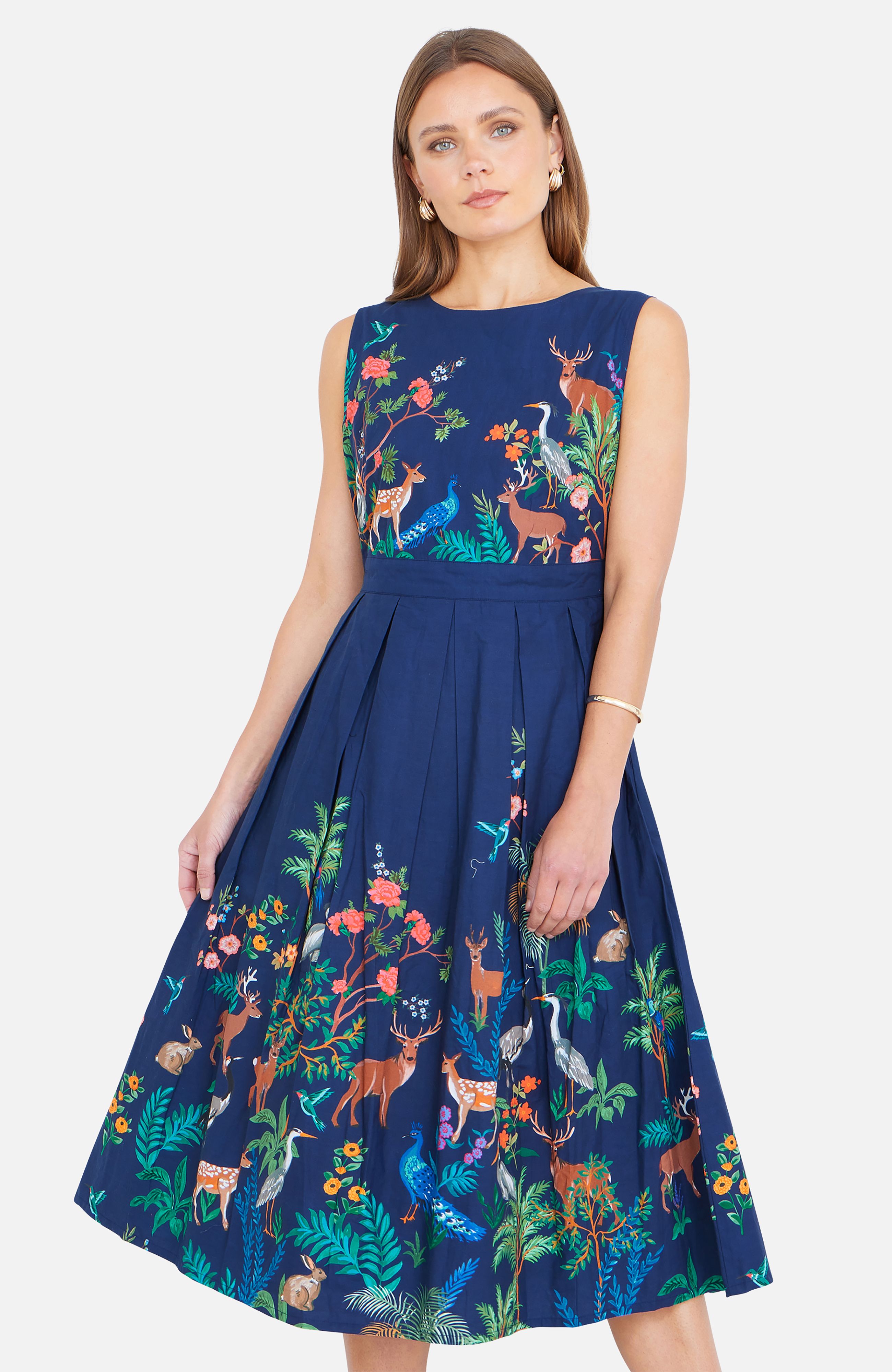Yumi Woodland Animal Print Cotton Midi Skater Dress