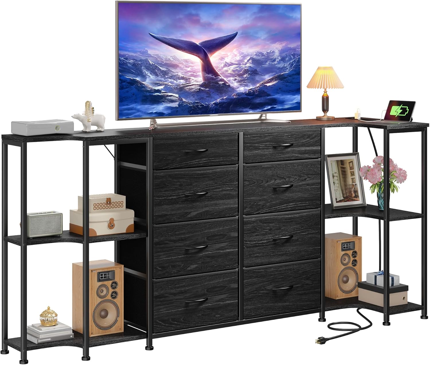 8 Drawer Dresser for Bedroom with Charging Station,3 Configurations (U/L/Linear), Fits 55/65/75''TV,Large TV Stand with 5 Wooden Storage Shelves,Entertainment Center for Living Room,Hallway,Black