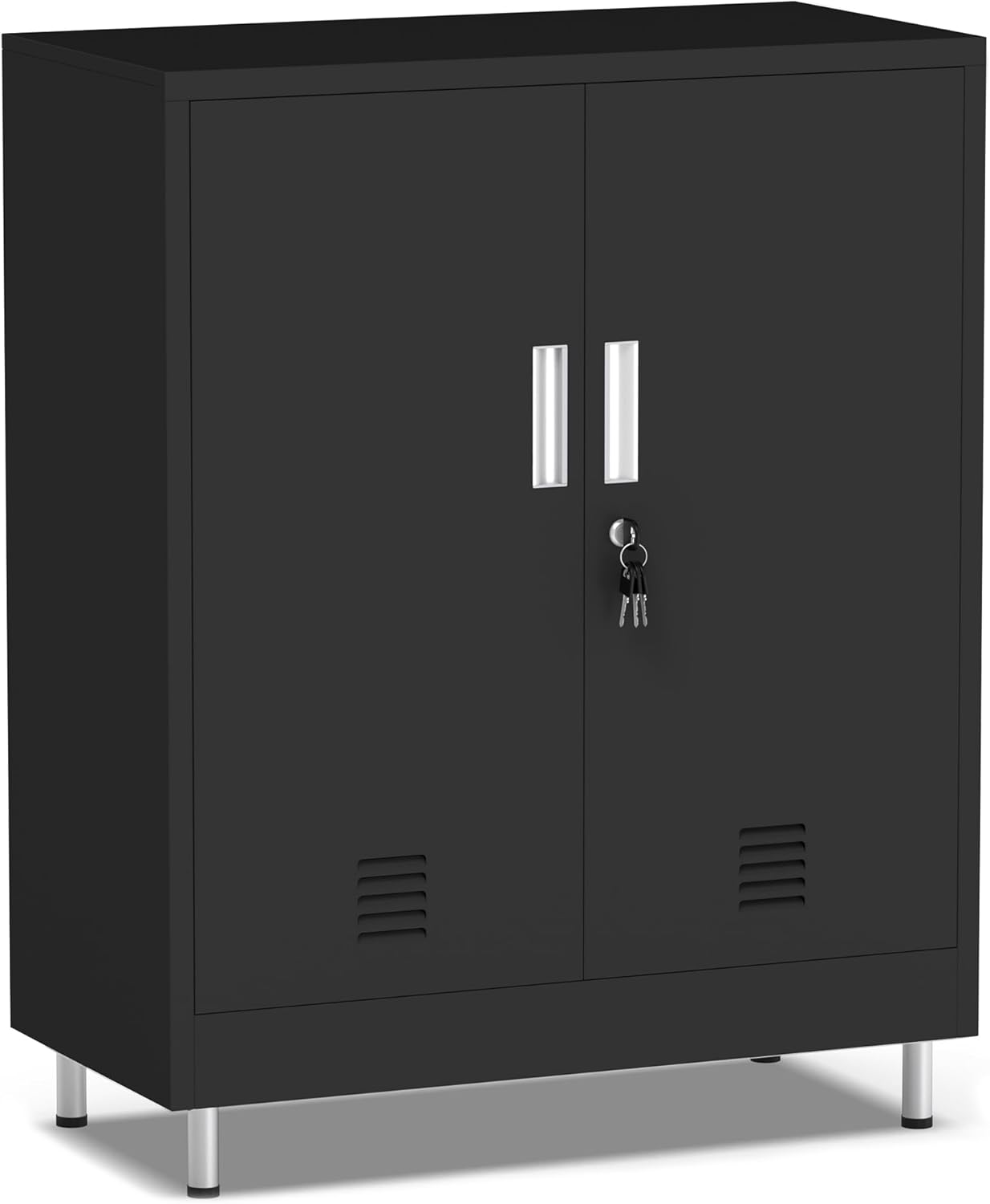 JINGUR Metal Storage Cabinet with Locking Doors and 2 Adjustable Shelves, Lockable Storage Cabinet for Home Office Garage Pantry Living Room (Black)