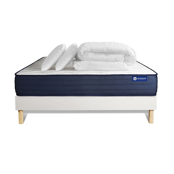 Pack sommier kit matelasRessorts ensachés et mémoire de forme avec couette et oreillers