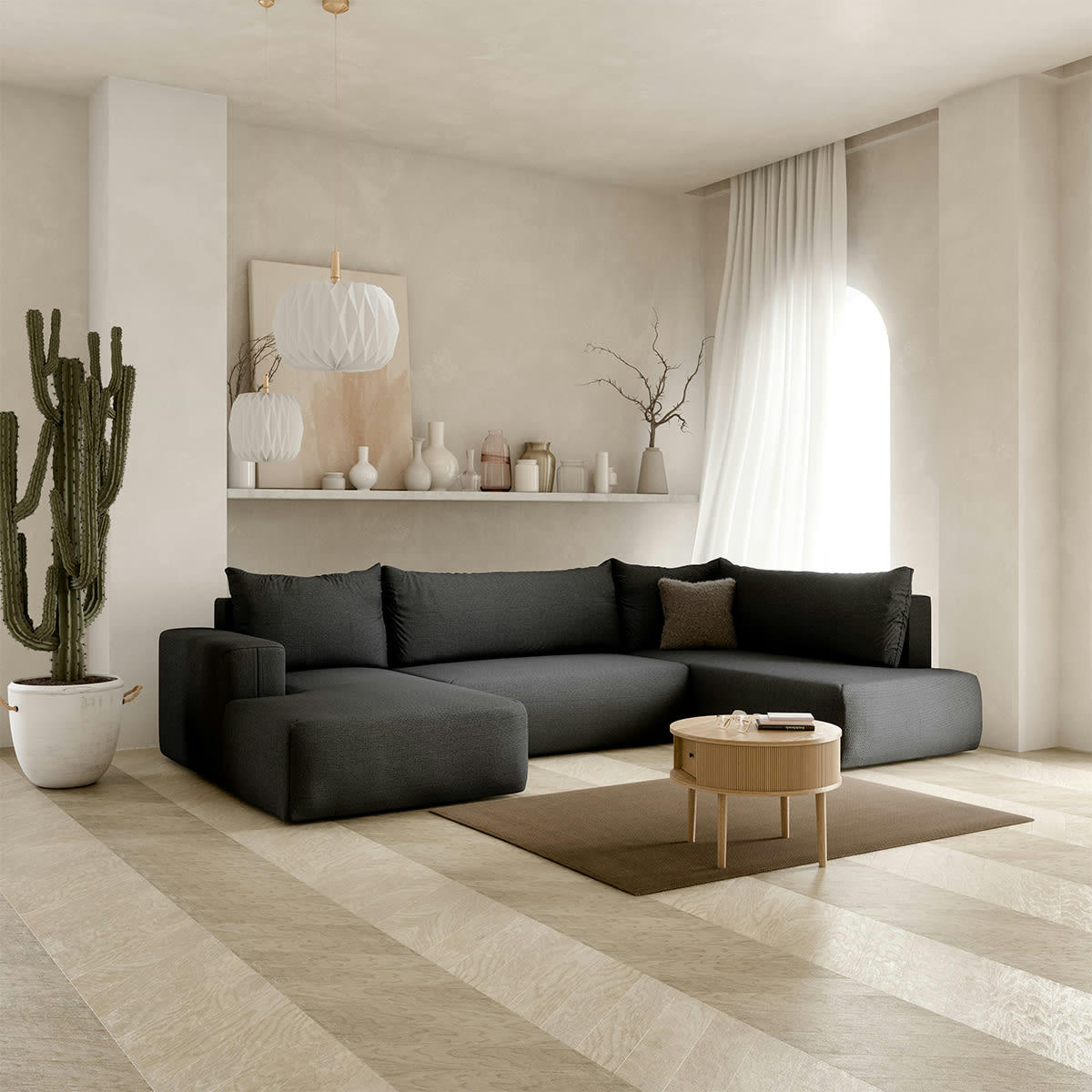 - Canapé panoramique 5 places convertible coffre gris