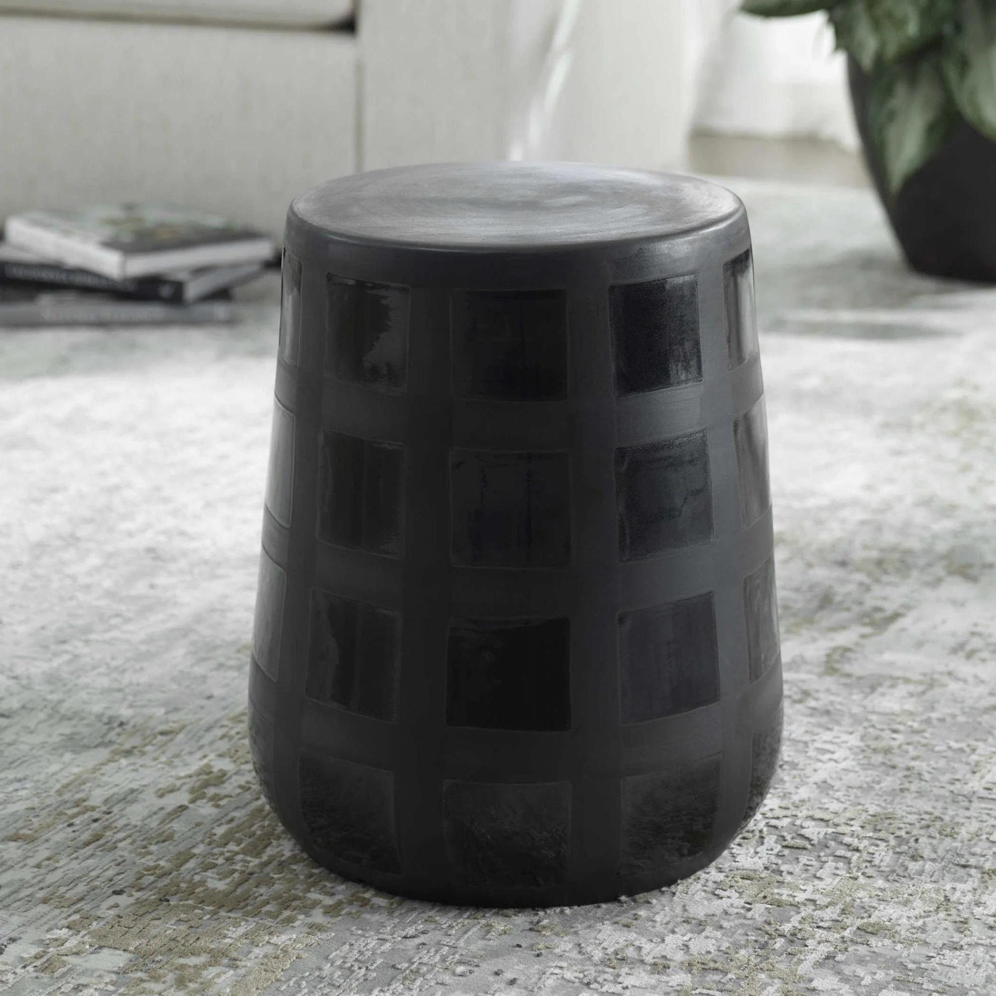 Patchwork Gridded Ceramic Garden Stool - 17 - Black