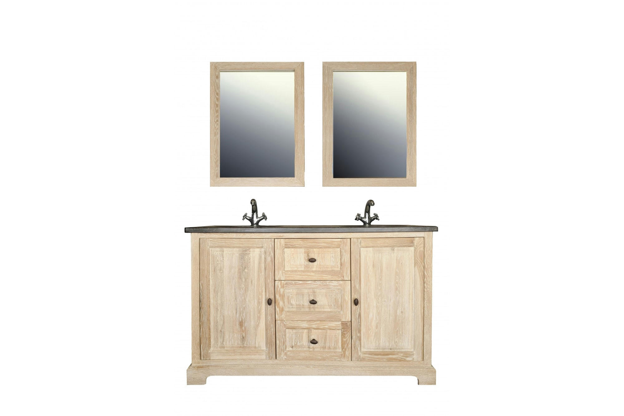 VIENNE II - Meuble double vasque en chêne blanchie L140 et 2 miroirs (ensemble)