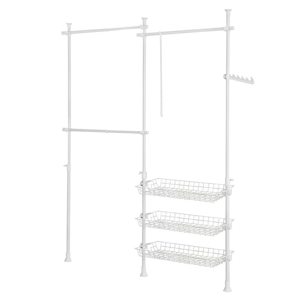 - Portant de vêtement 3 barres 3 paniers cadre en métal blanc