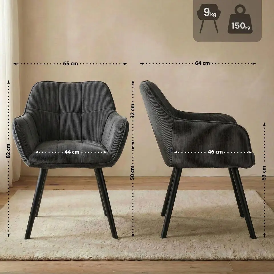 CLP Eetkamerstoel Vienna zwart Frame - Ribstof - donkergrijs