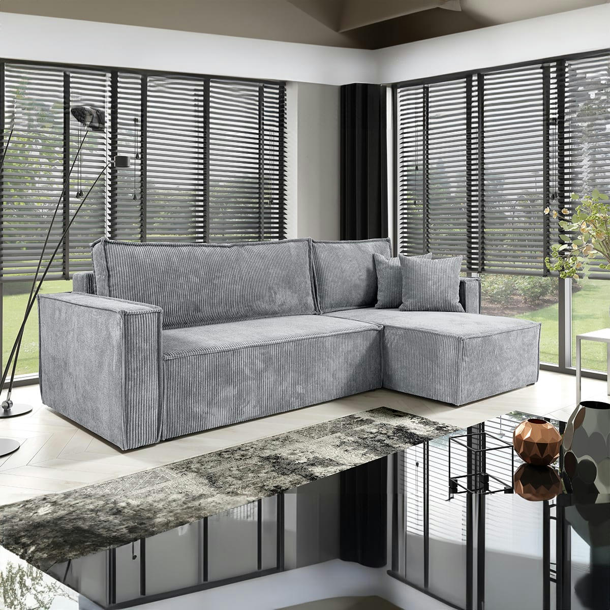 - Canapé d'angle réversible convertible 3 places velours côtelé gris