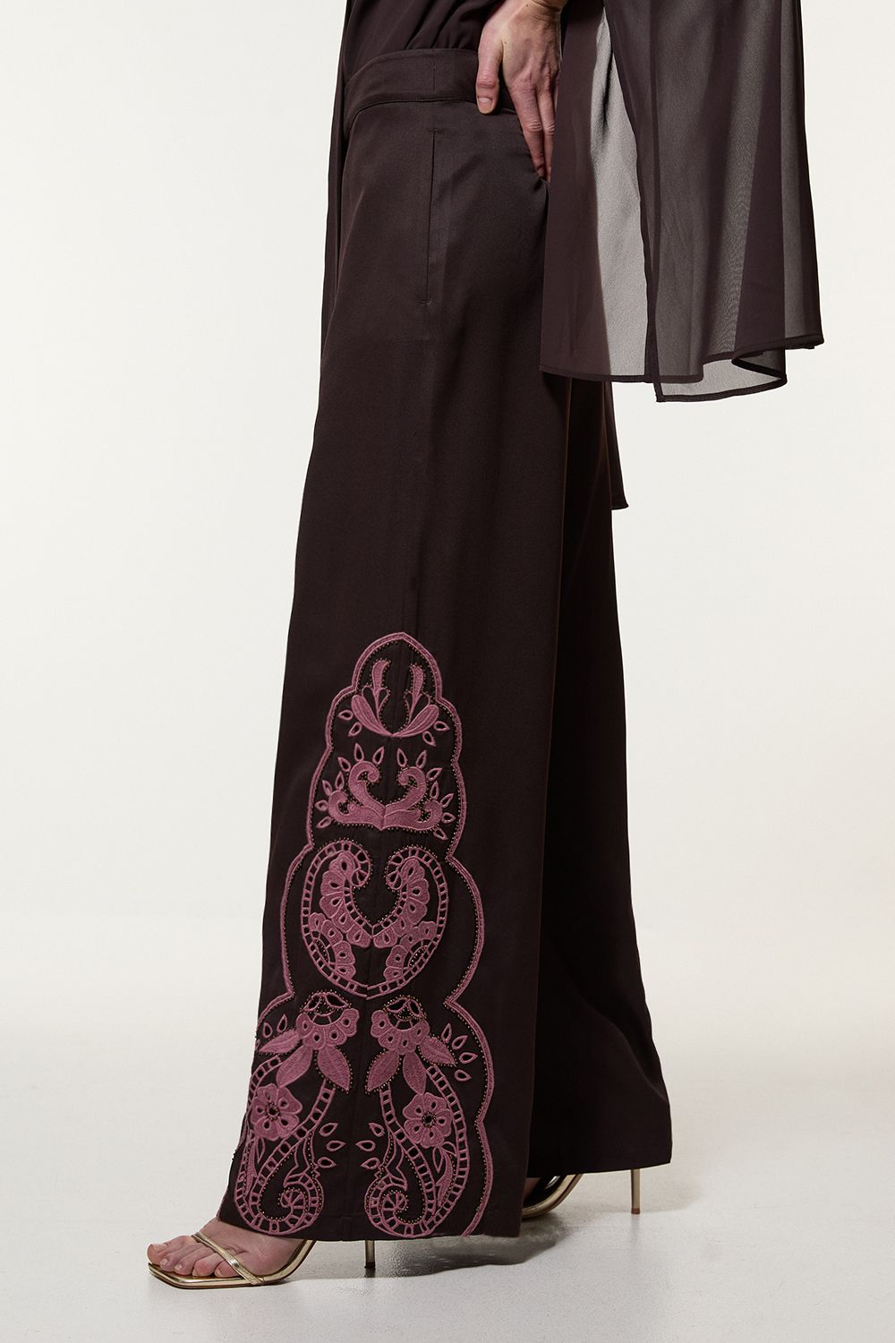 KarenMillen Cutwork Beaded Twill Wide Leg Woven Trouser