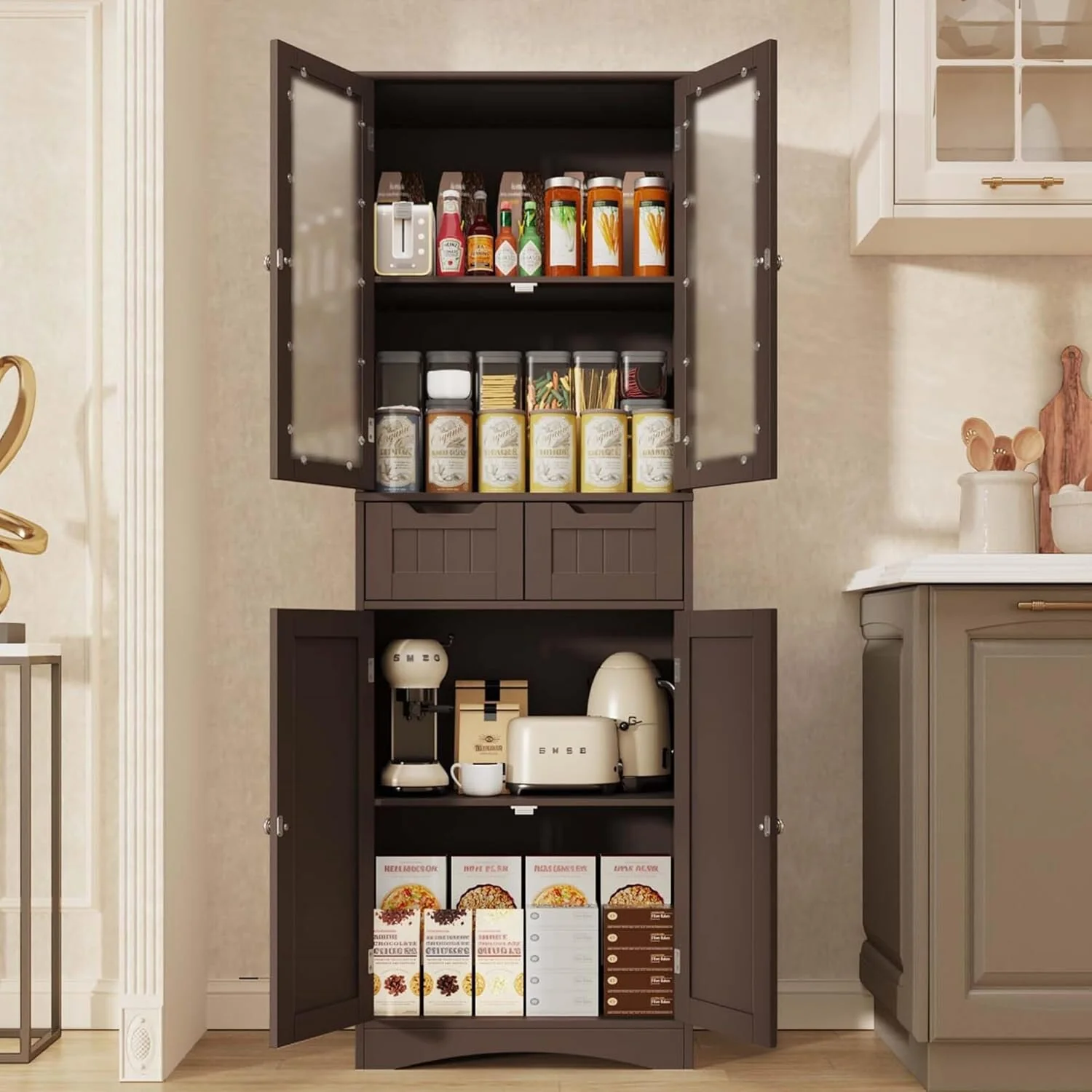 67 Tall Storage Cabinet, Freestanding Kitchen Pantry Cabinet