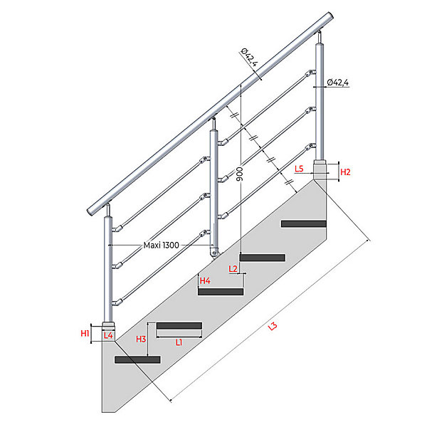Kit Réno inox pour garde-corps d'escalier - 3 poteaux - Main courante - 3 barres sur supports axiaux