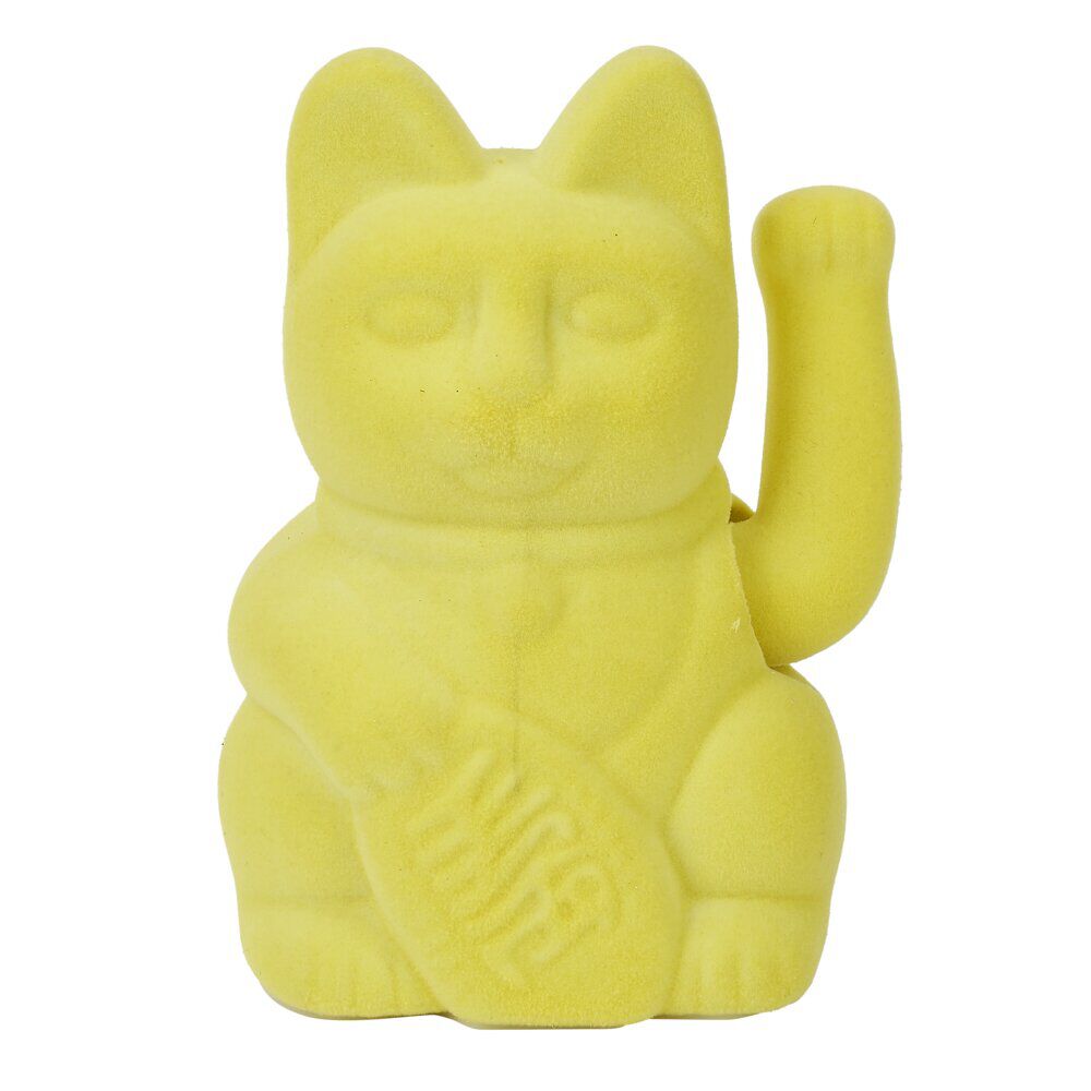 Chat porte-bonheur velours jaune 11xH15x9cm