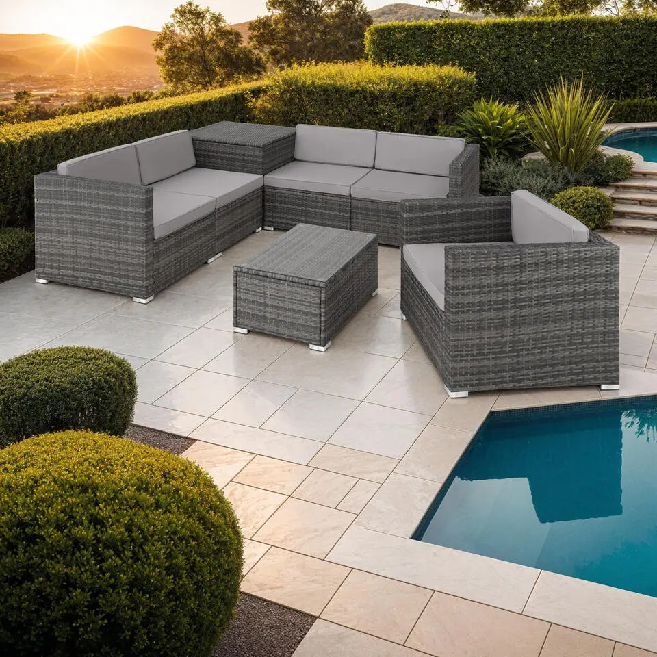tectake - Loungeset Pisa met opbergbox kussens - wicker - grijs
