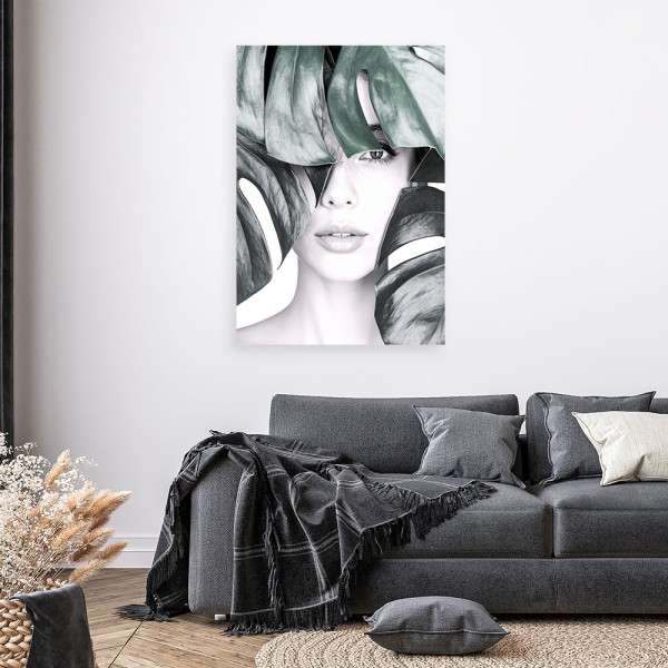 Obraz nowoczesny do salonu sypialni, Portret kobieta i liście 20x30