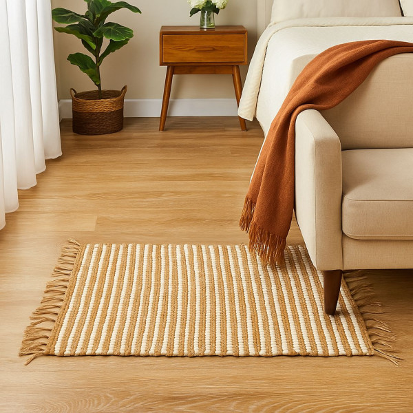 Dywan jutowy naturalny beż z frędzlami białe pasy 60x90 cm BOHO
