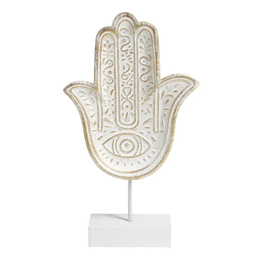 Main de Fatma gravée à poser en bois et métal blanc 16xH28,5cm