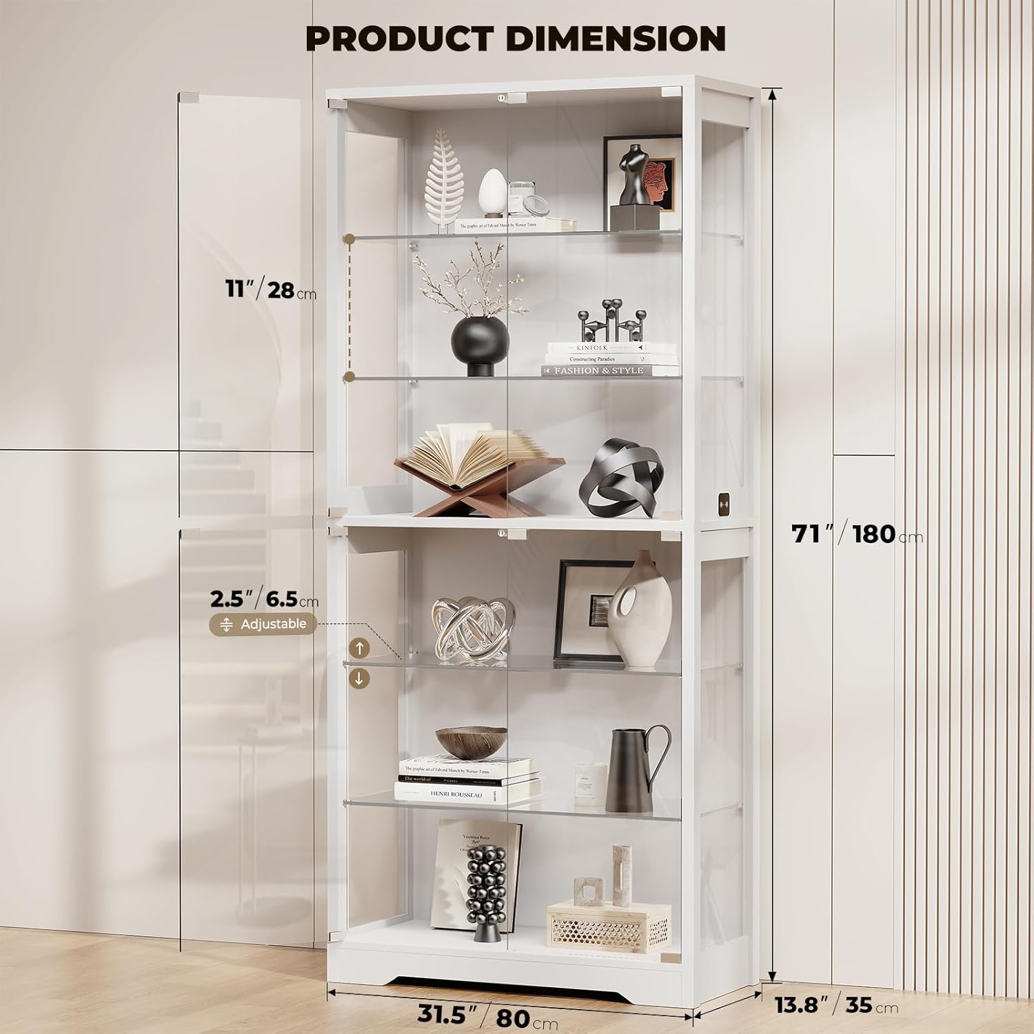 BROTTAR 6-Tier 71 Display Cabinet with Glass Door, Curio Cabinet with 3 Color Lights for Collectibles, Display Case with Adjustable Glass Shelves, Human Body Sensor, Storage Cabinets, White