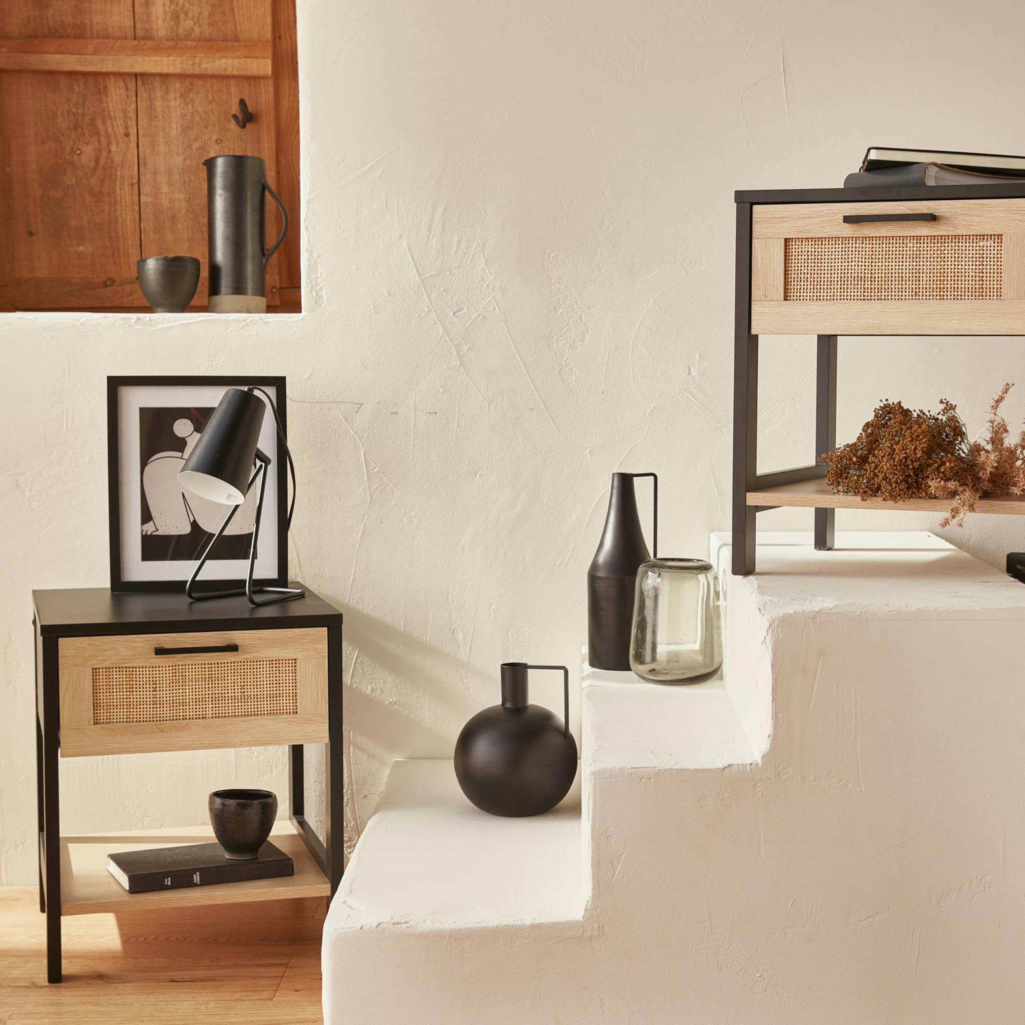 BIANCA - Tables de chevet noir et cannage 40 x 40 x 48cm