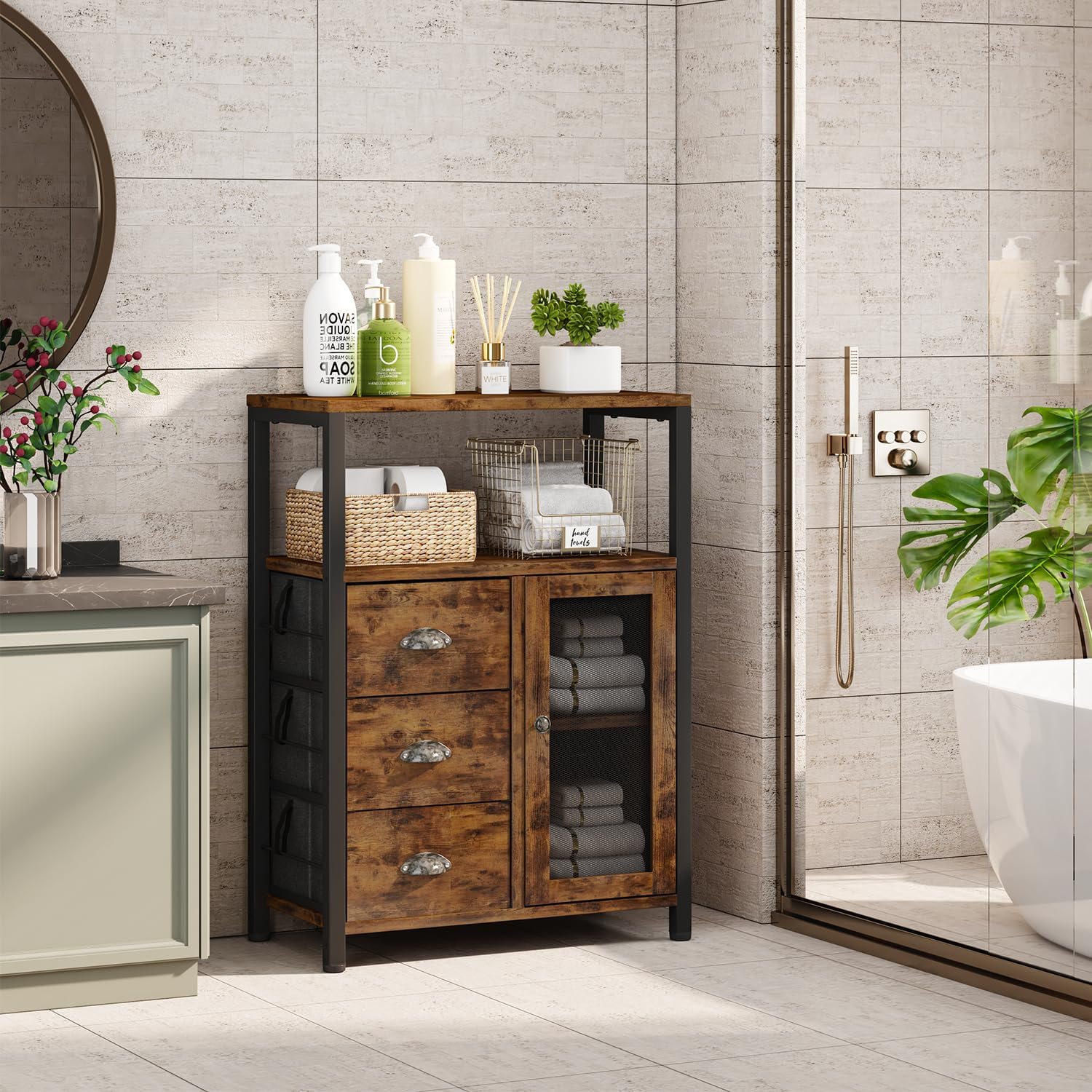 Homeiju Bathroom Floor Storage Cabinet Organizer with 3 Removable Drawers and 1 Door, Industrial Floor Storage Cabinet for Kitchen, Living Room, Bathroom, Home Office