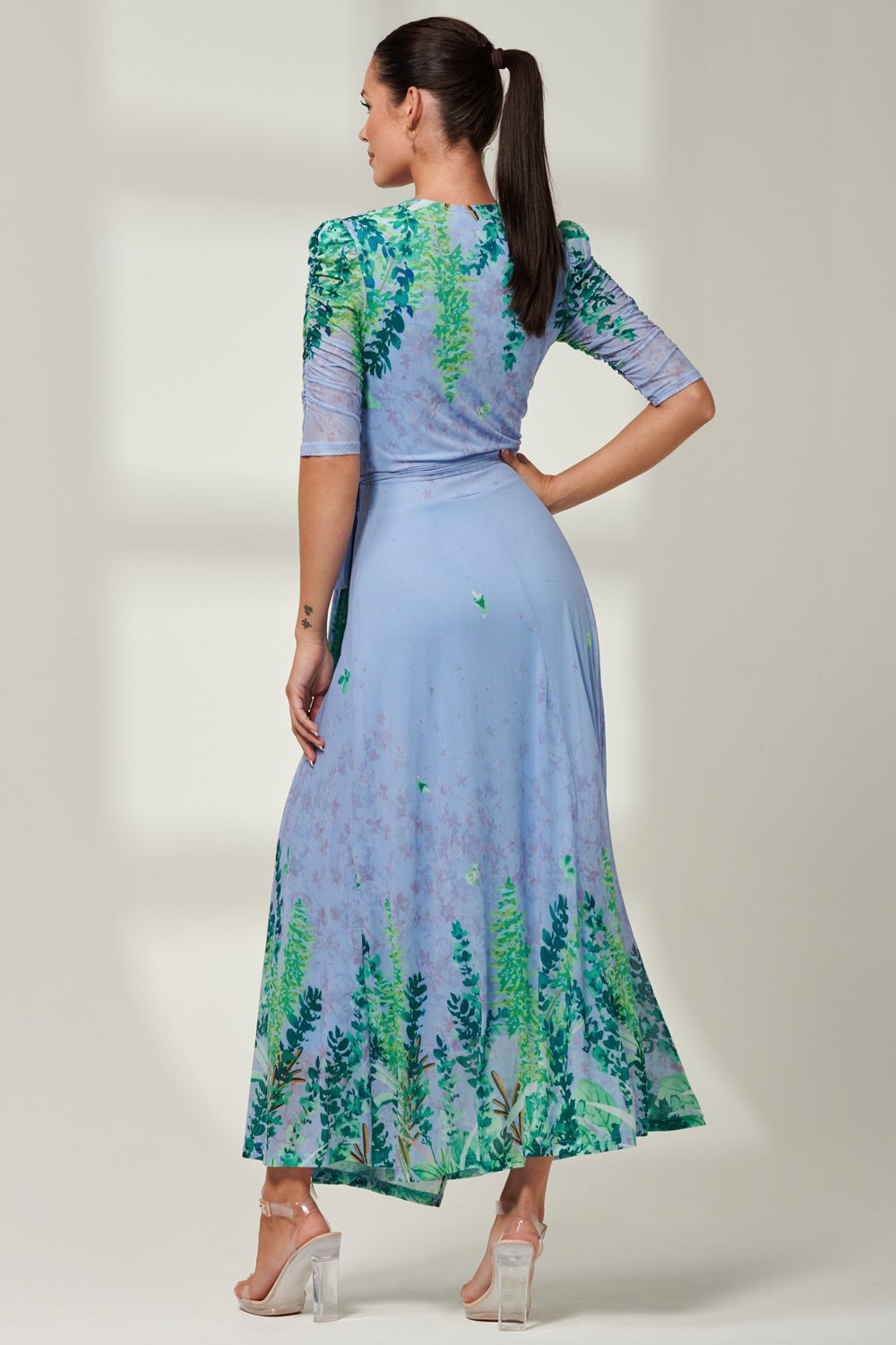 Jolie Moi Kinley Print Wrap Mesh Maxi Dress