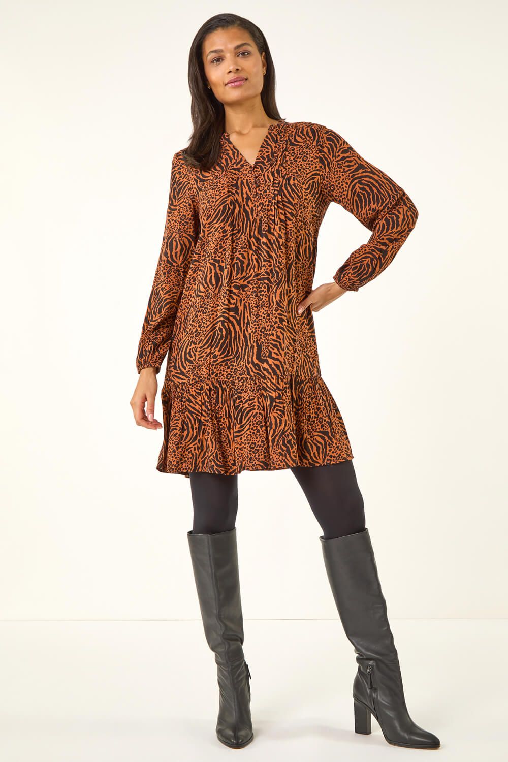 Roman Animal Print Pintuck Smock Dress
