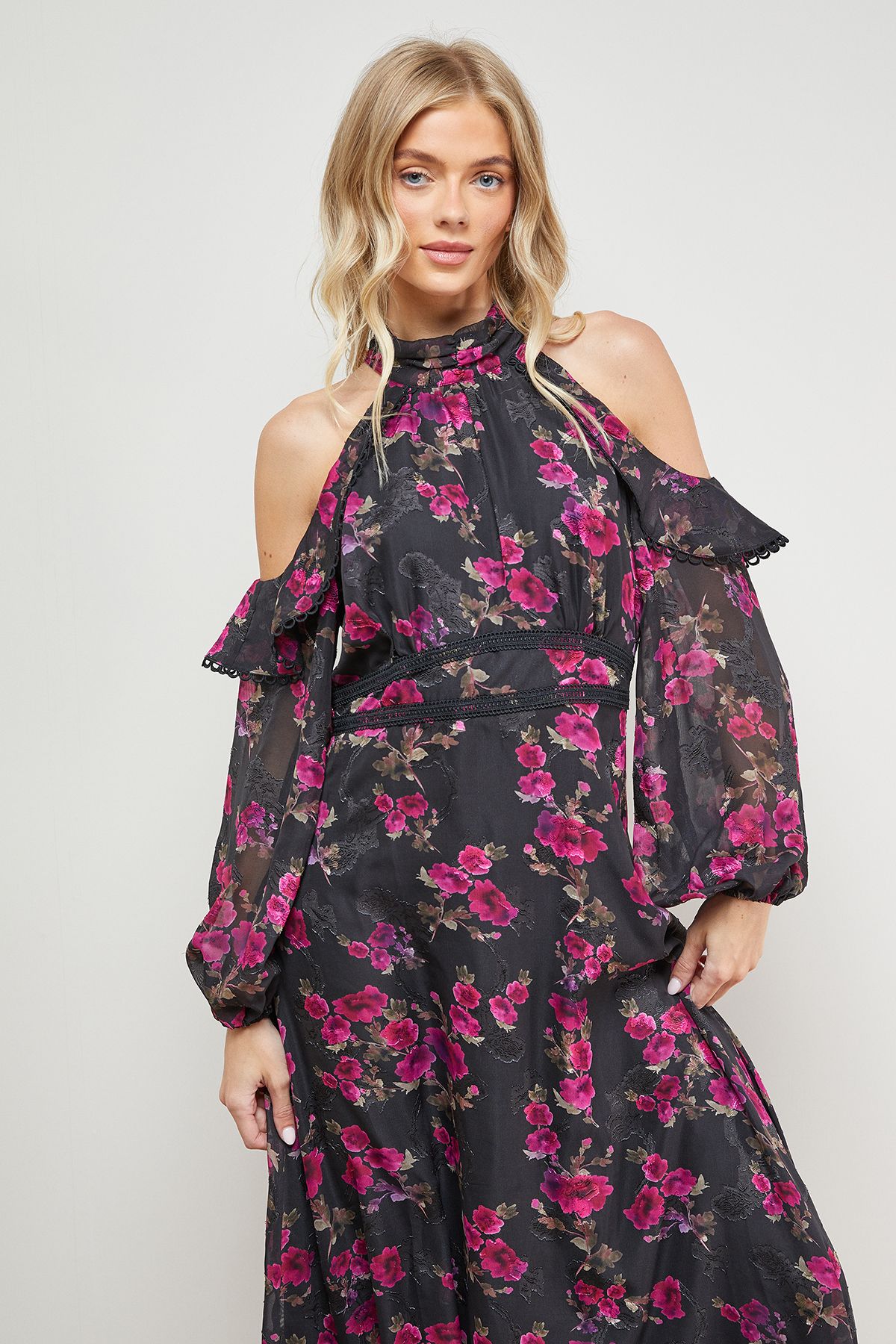 Oasis Cold Shoulder Ruffle Halterneck Midi Dress