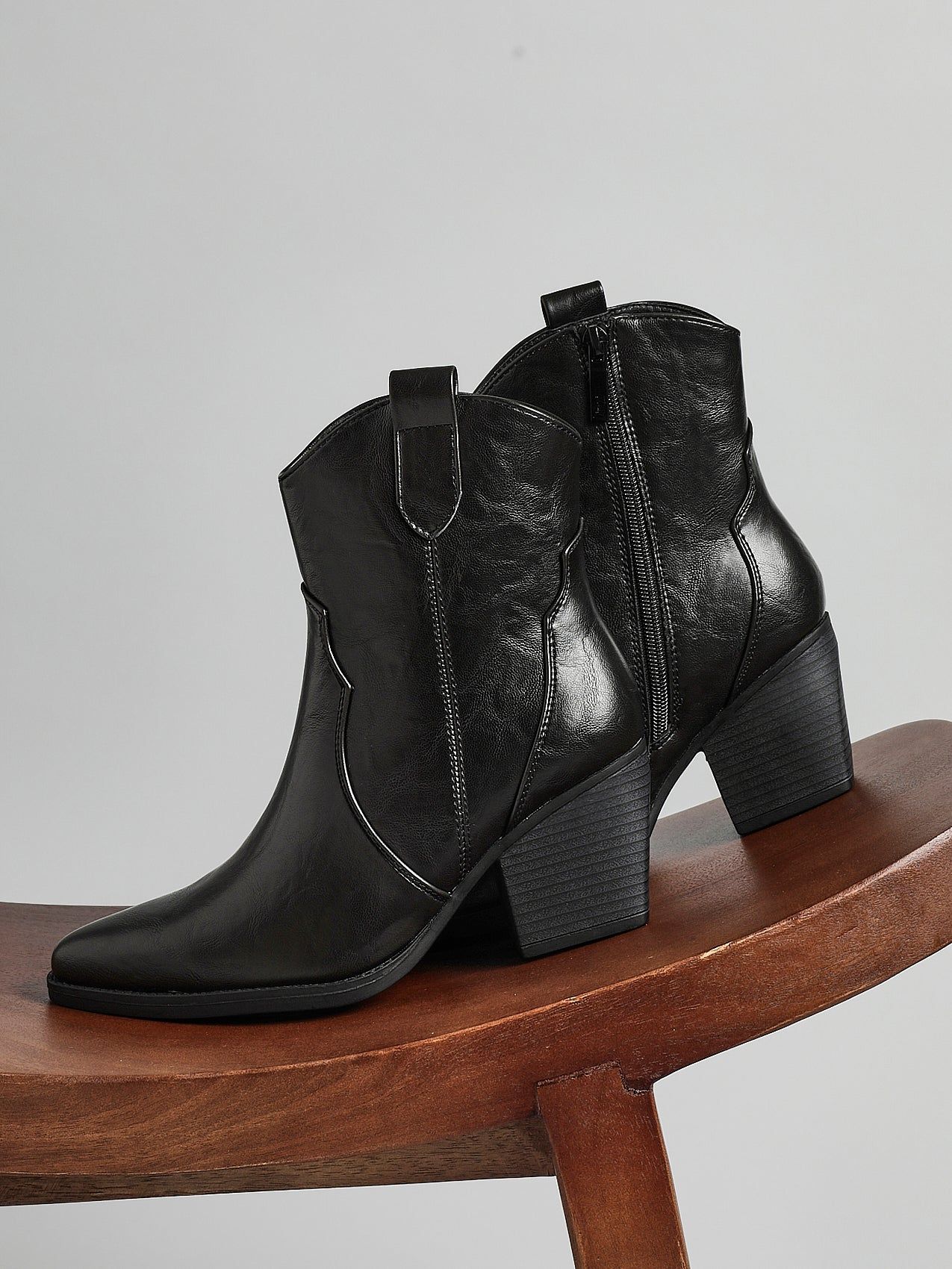 Linzi Jessie Black Faux Leather Western Ankle Boot