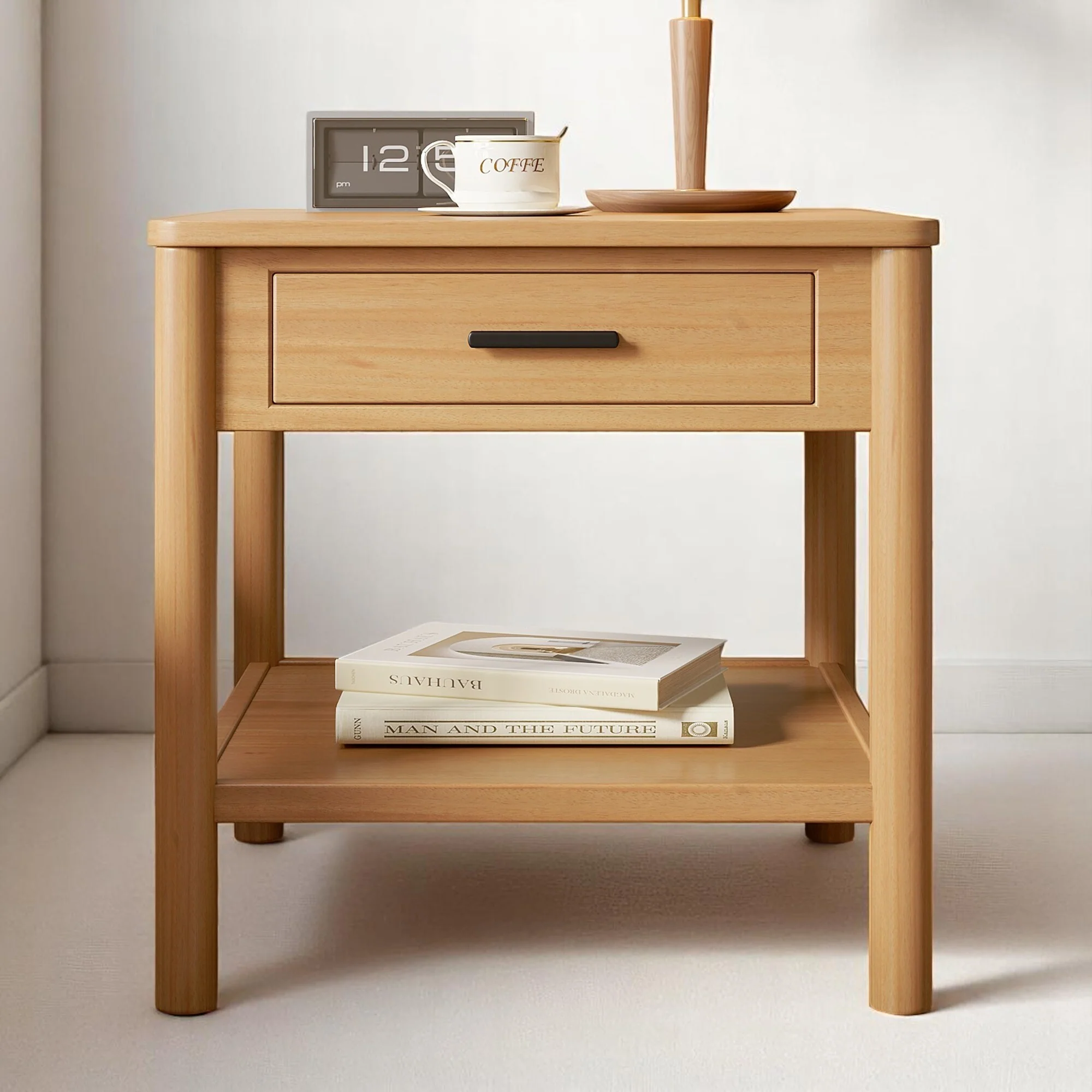 24 Rubber Side Table with Drawer and Shelf,End Table with Geometric Base,Accent Table nightstand for Living Room or Bedroom