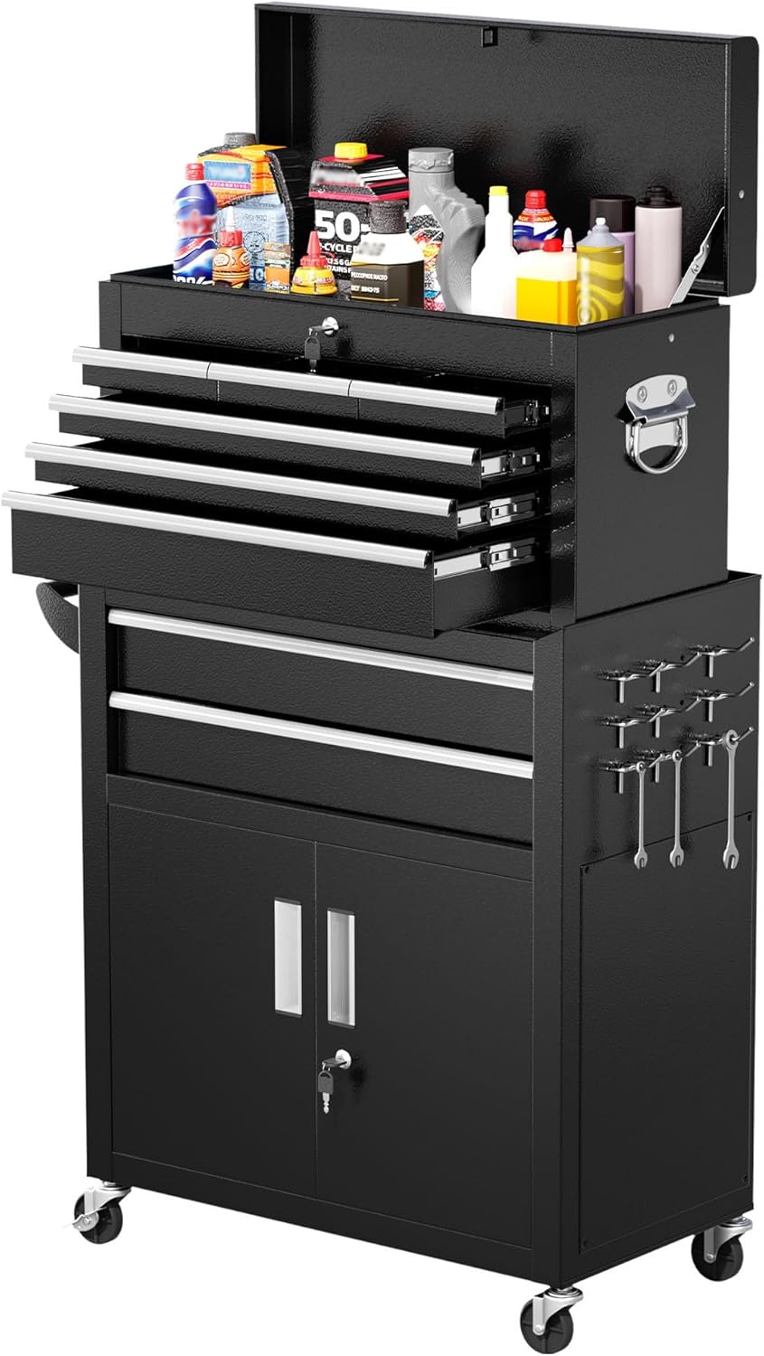Greenvelly Metal Tool Chest,8-Drawer Rolling Tool Cart with Wheels,2 in 1 Detachable Tool Cabinets,Tool Box,Liners and Locking System for Garage,Warehouse,Workshop, Barbershop(Black)