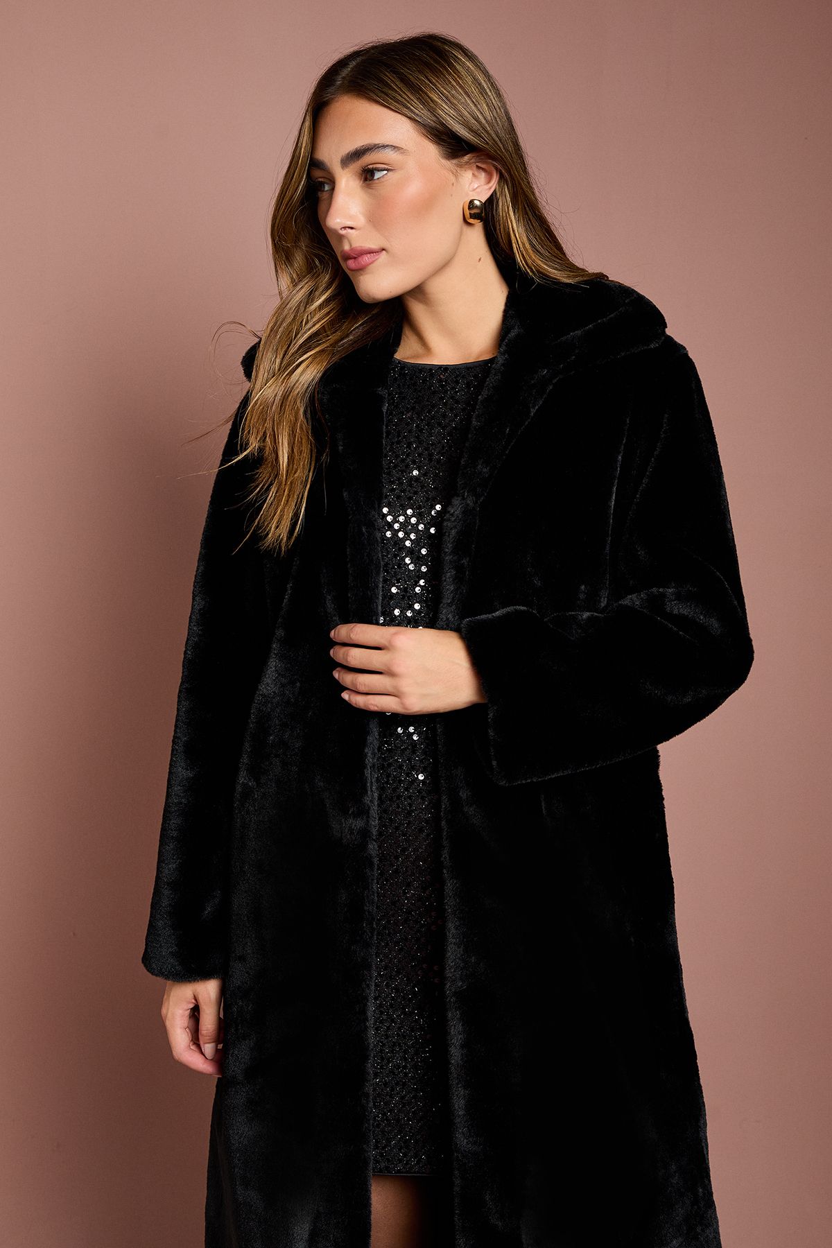 Coast Black Faux Fur Longline Collared Coat