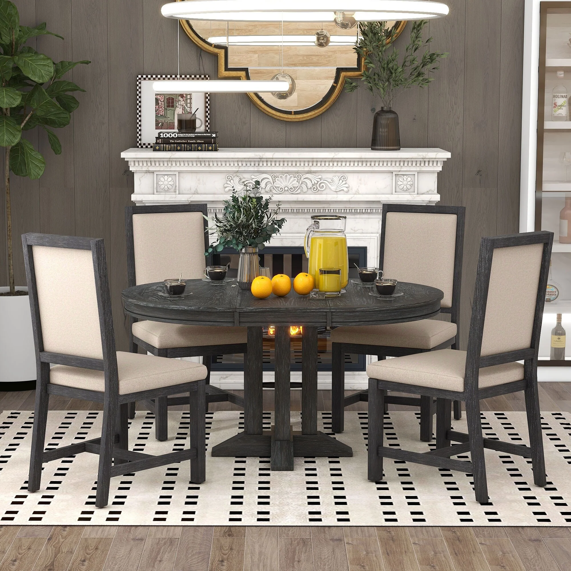 5-Piece Wooden Dining Table Set with Extendable Round Table & 4 Chairs