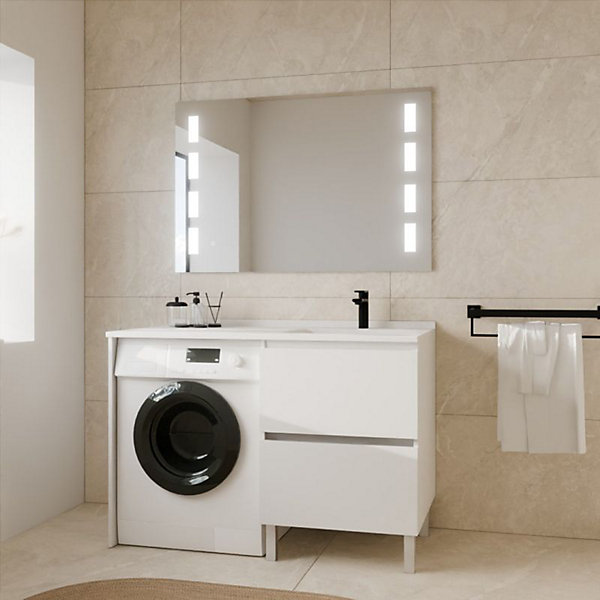 Meuble lave-linge IDEA, plan vasque déportée   Miroir Prestige Plus- Blanc- Vasque à droite