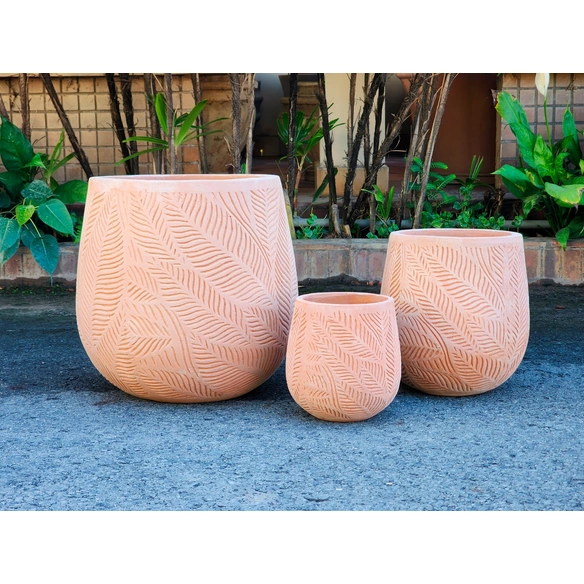 Pflanzgefäß, White Washed Terracotta mit Blattmuster, HxØ: 26 x 27 cm