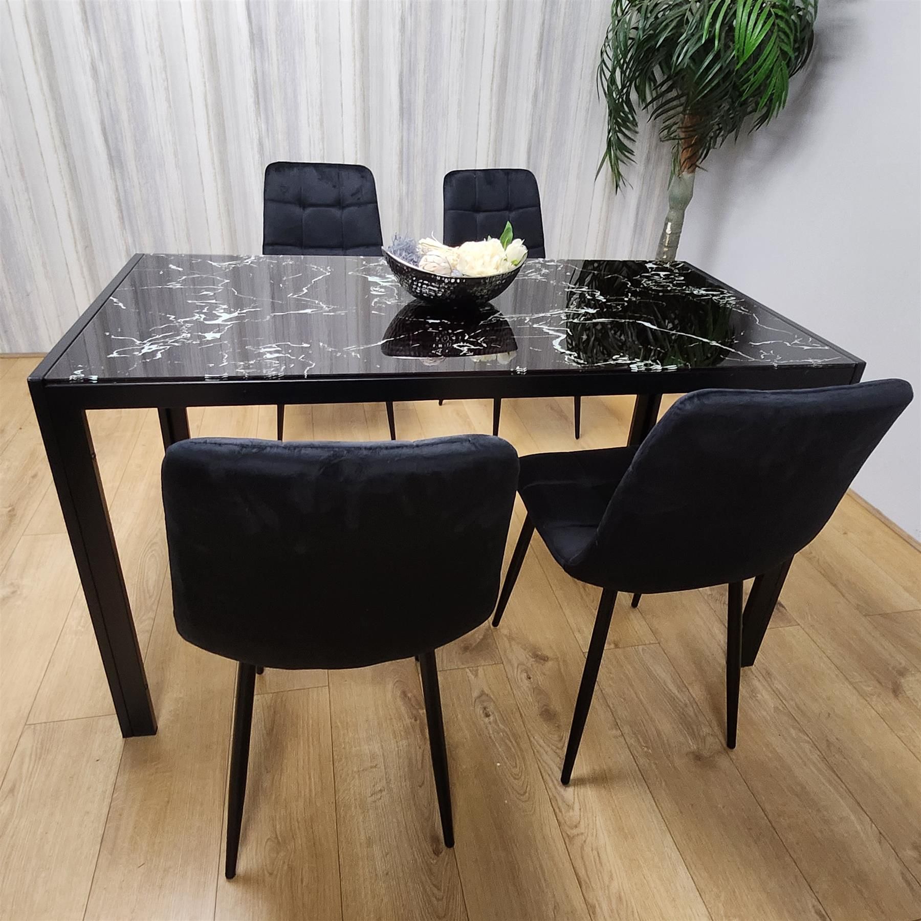 KOSY KOALA Modern Black Glass Marble Effect Dining Table Set With 4 Black Velvet Chairs Dining Room Furniture