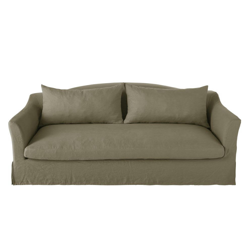 Anaelle - Canapé convertible 3/4 places en lin vert kaki