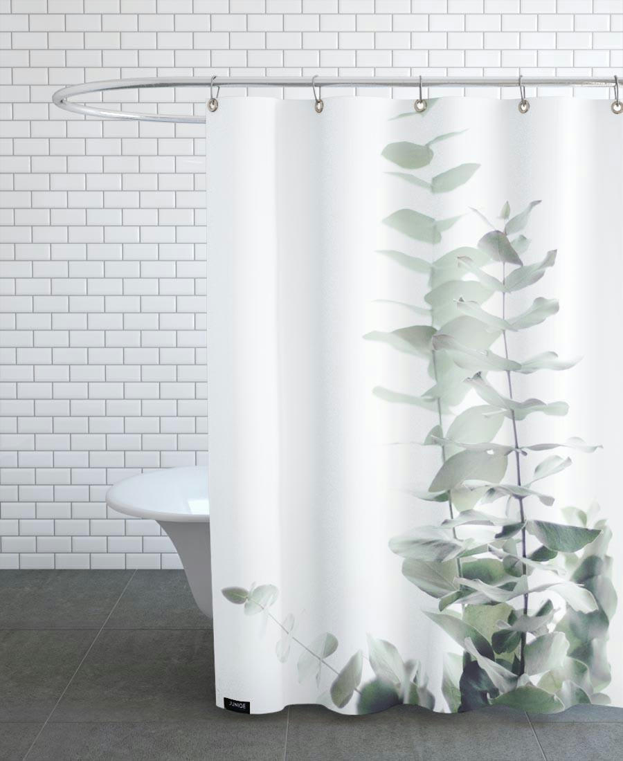 EUCALYPTUS WHITE 2 - Rideau de douche en polyester en blanc & vert 150x200
