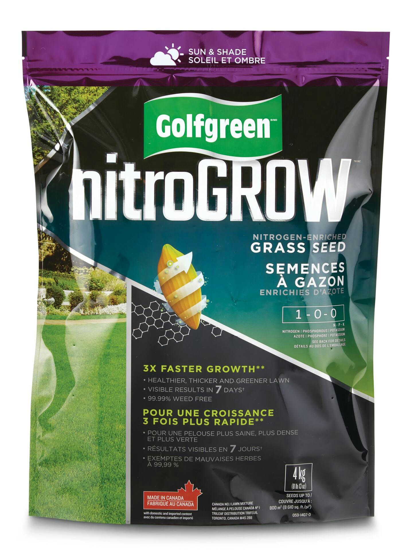 Golfgreen NitroGROW Sun & Shade Nitrogen-Enriched Grass Seed & Fertilizer Mix, 1-0-0, 4-kg