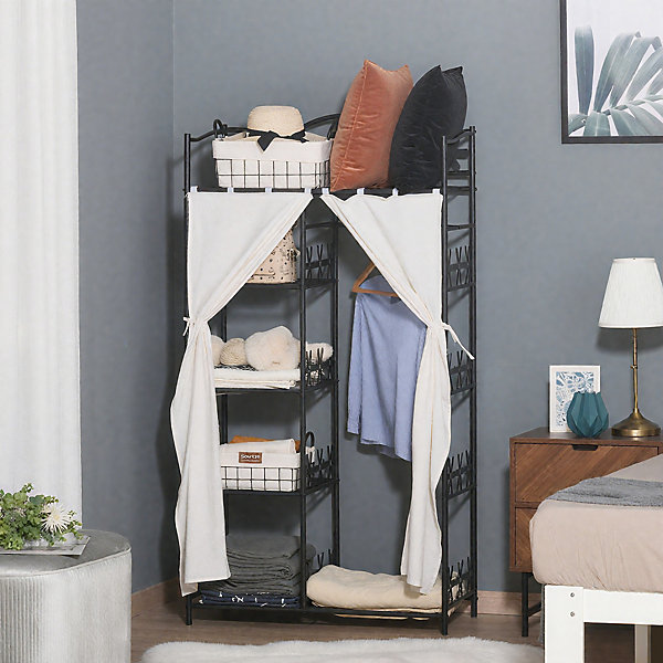 Armoire penderie multi-rangement - 5 étagères - dim. 84L x 42l x 158,5H cm - métal noir motif fleurs 2 rideaux blanc