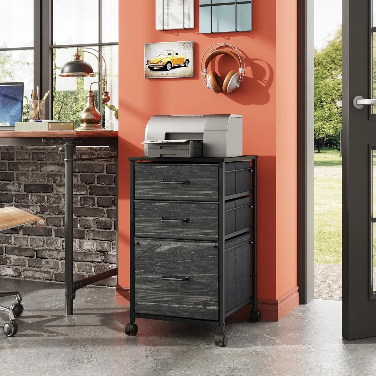 Mobile File Cabinet, Rolling Printer Stand with 3 Drawers, Fabric Vertical Filing Cabinet fits A4 or Letter Size for Home Office