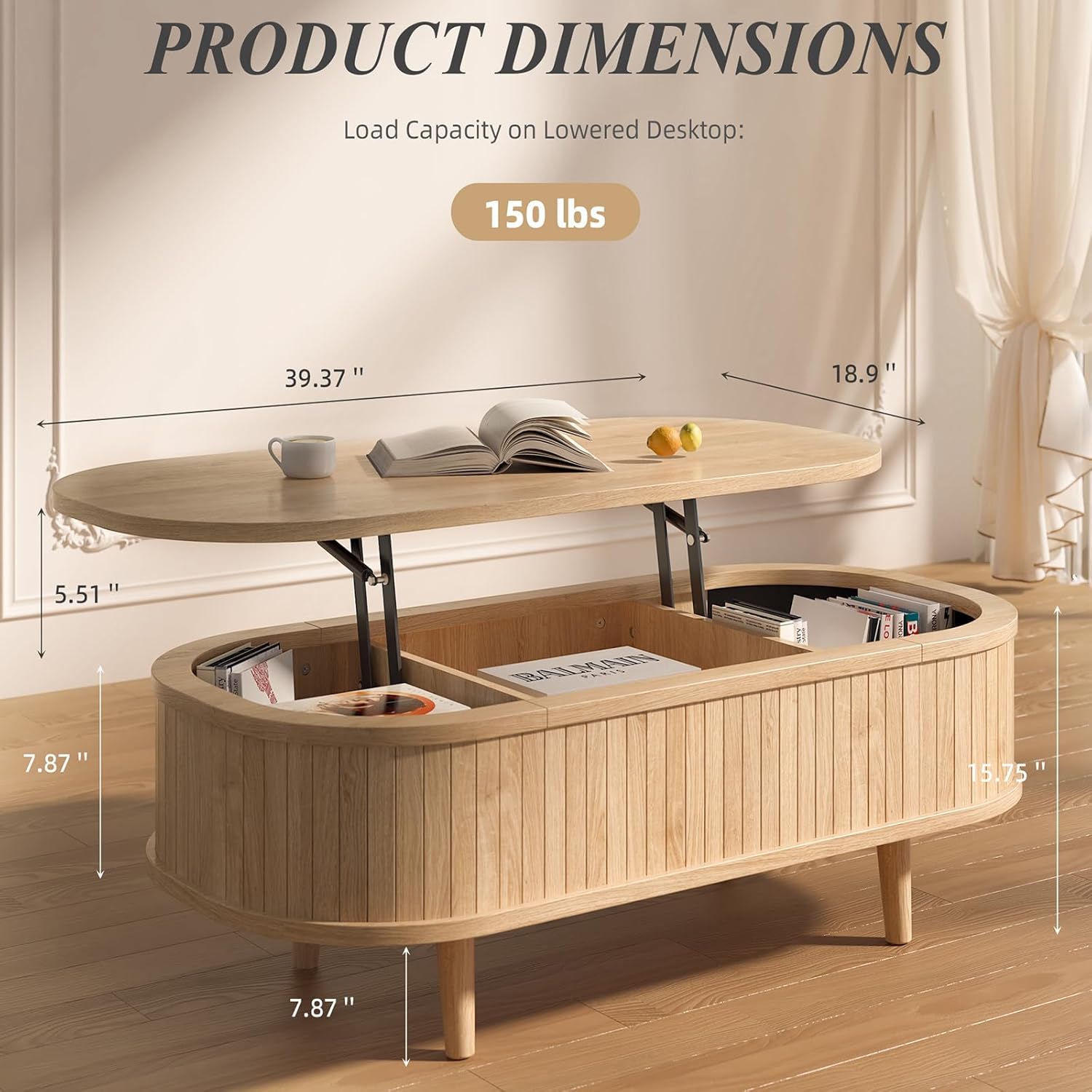 Easyego Oval Lift Top Coffee Table with Storage, 40 Fluted Modern Hidden Compartment Center Table for Living Room, Small Space Apartment, Home Office Desk, Natural