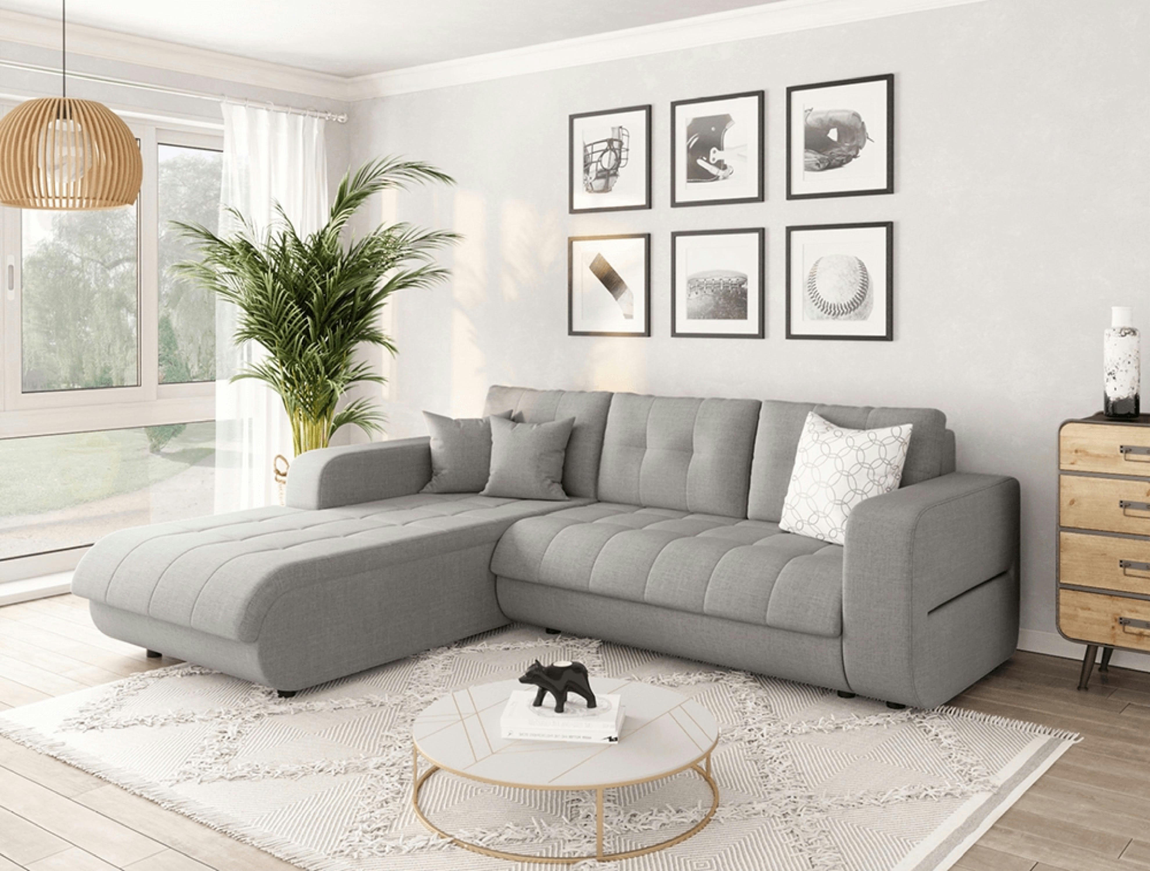 SUZIE - Canapé d'angle gauche convertible en tissu gris clair