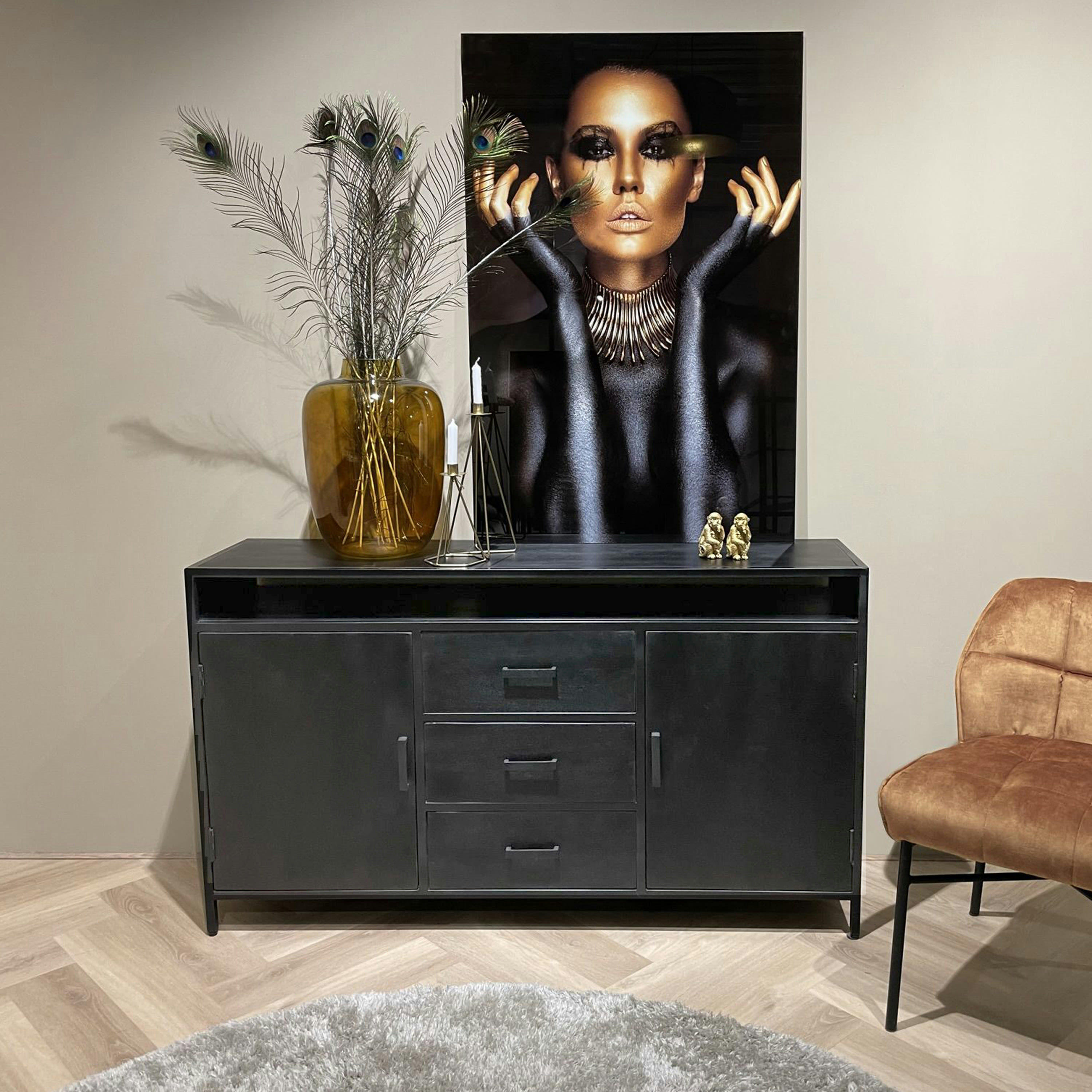 UZES - UZES-Bahut 2 portes 3 tiroirs L150 cm, Manguier massif noir et métal