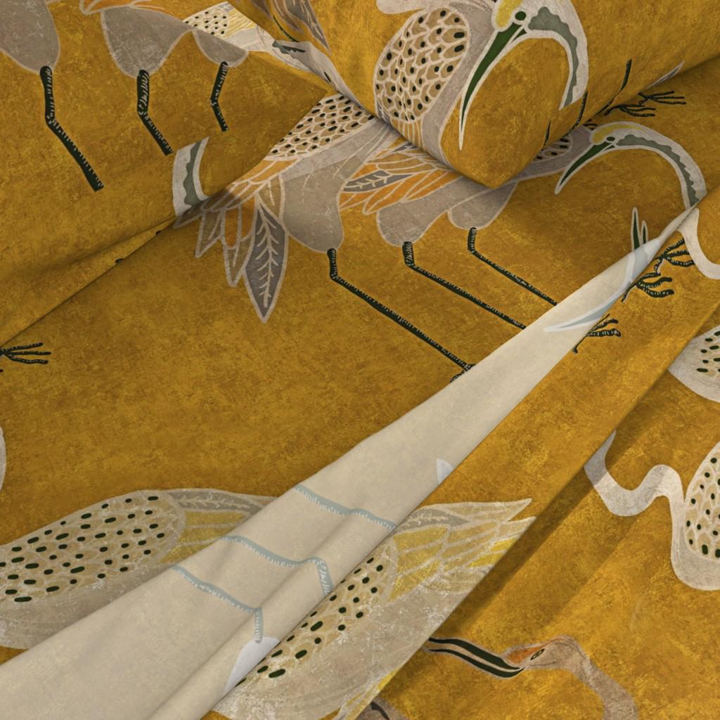 Maximalism Sheets - Golden Hour Cranes by shellyreneedesigns - Art Deco Birds Boho Crane Luxe Cotton Sateen Sheet Set Bedding by Spoonflower
