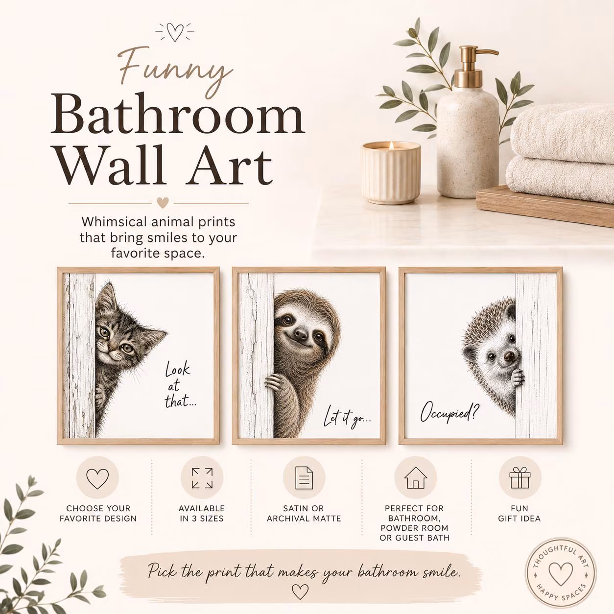 Funny Bathroom Animal Wall Art, Toilet Poster, Funny Bathroom Decor,Cat Sloth Hedgehog Turtle Llama Print, Choose Your Design, decor toilete