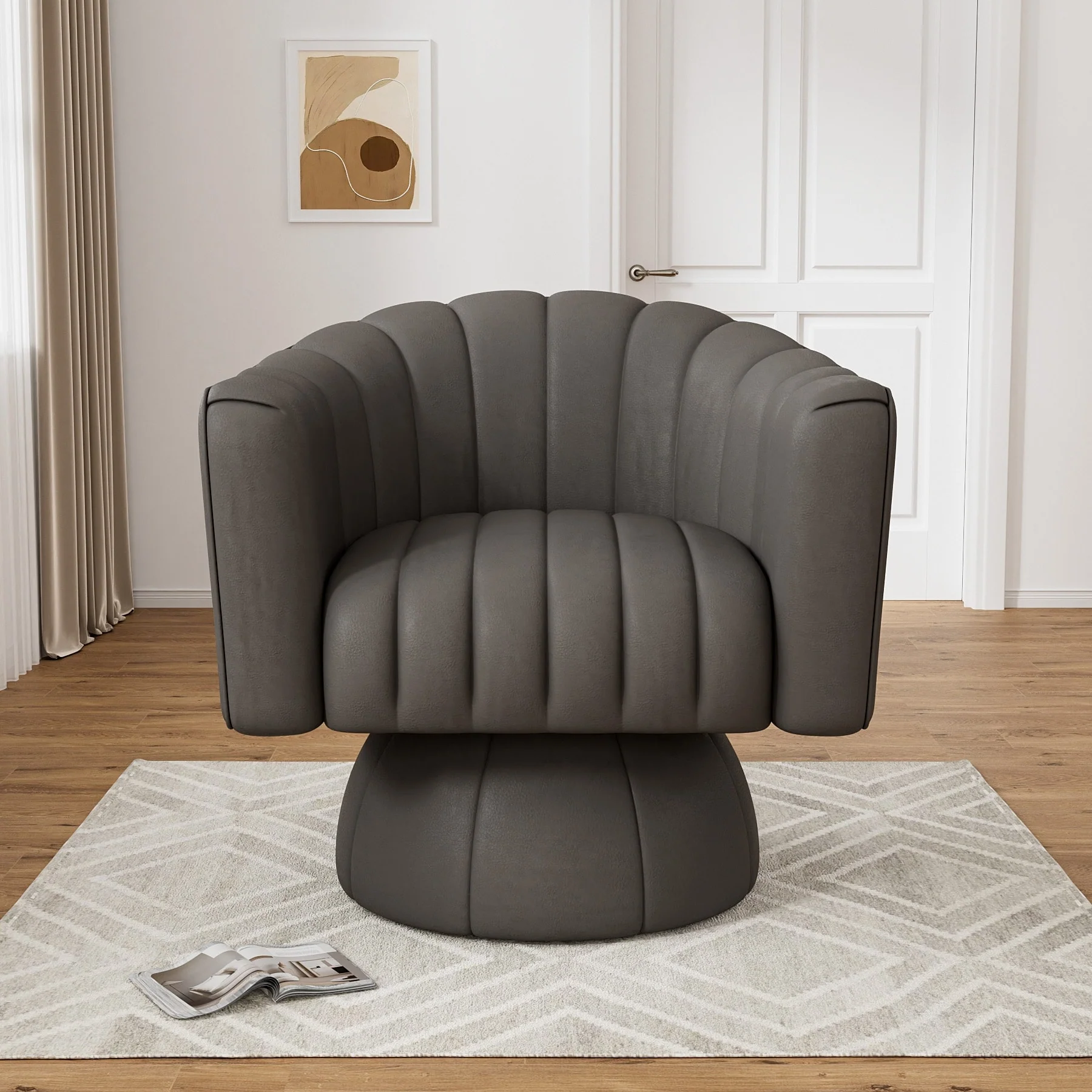 Ouyessir Mid-Century Leather Oversized Swivel Accent Barrel Chairs